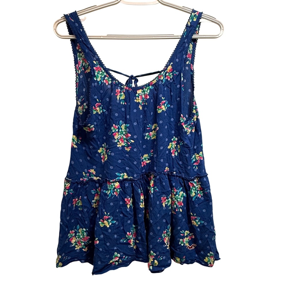 Hollister Floral Print Blue Polka Dot Tie Back Sleeveless Tank Top